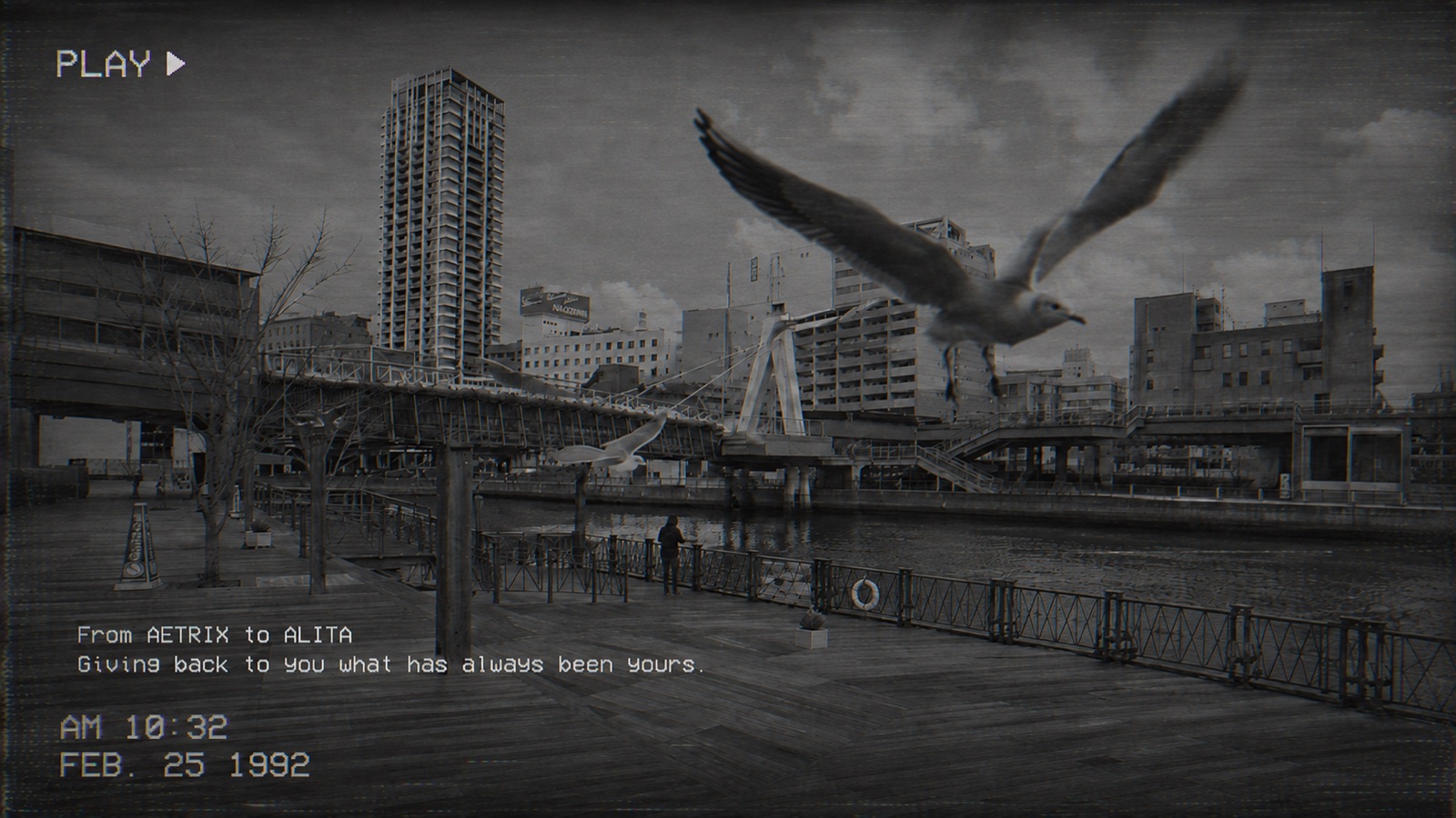一段旧录像：海鸥掠过河畔步道，字幕写着 From AETRIX to ALITA — Giving back to you what has always been yours.
