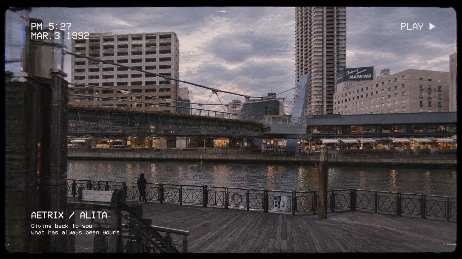 一段旧录像：黄昏的河与步道，字幕写着 AETRIX / ALITA — Giving back to you what has always been yours.