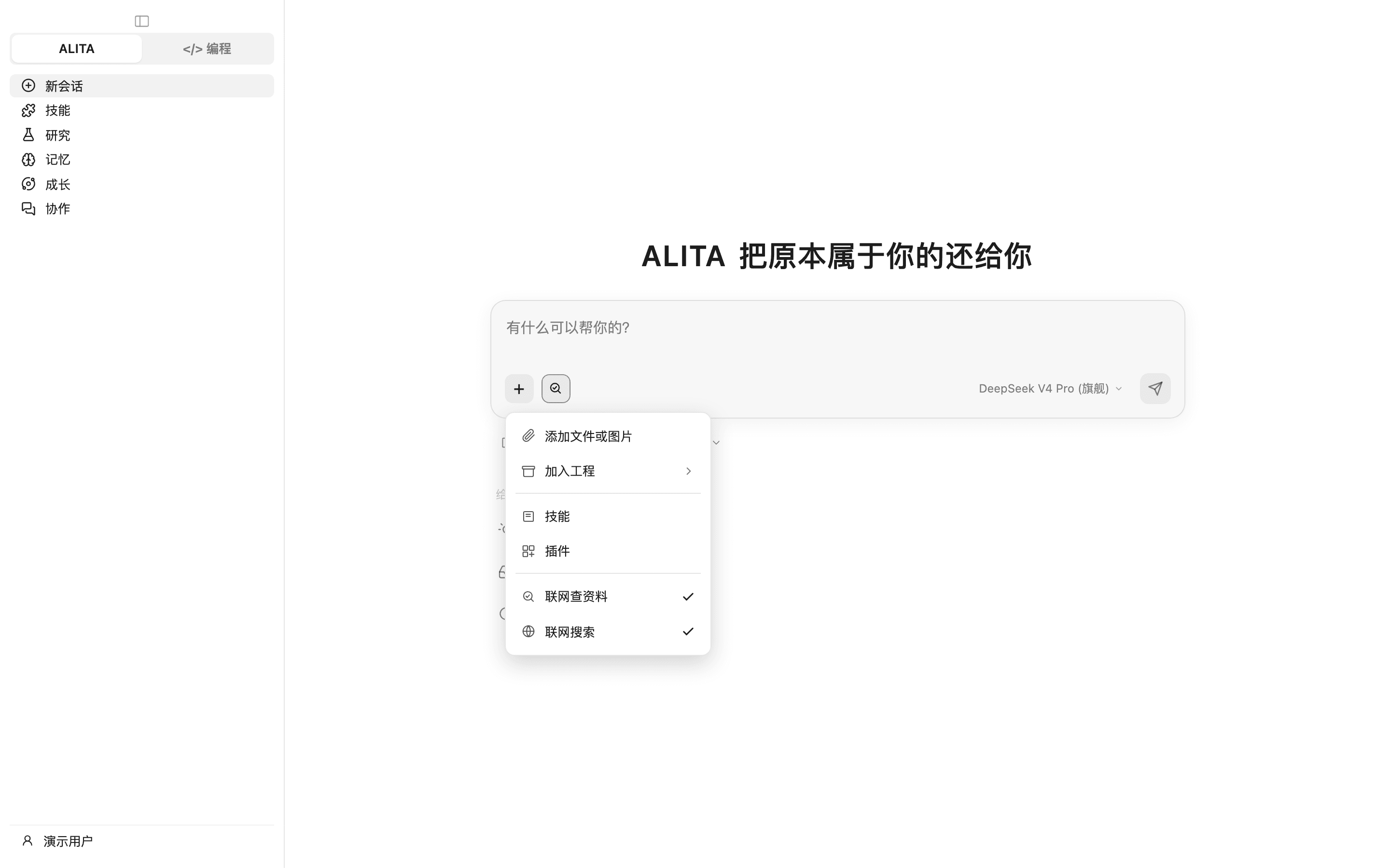 首页「+」菜单往下展开：添加文件或图片、加入工程、技能、插件、联网查资料、联网搜索，「联网查资料」已勾上（浅色）